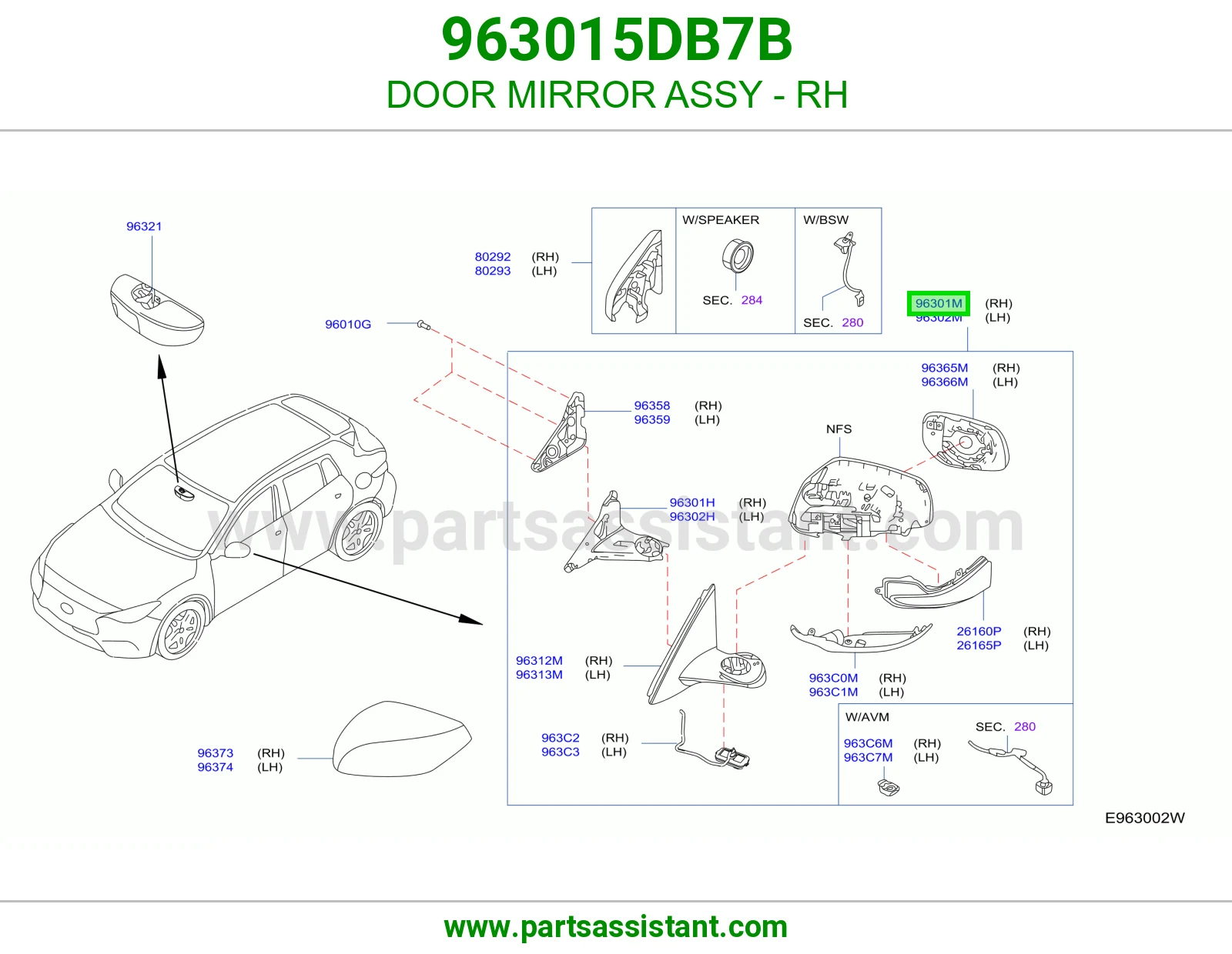 DOOR MIRROR ASSY - RH 963015DB7B