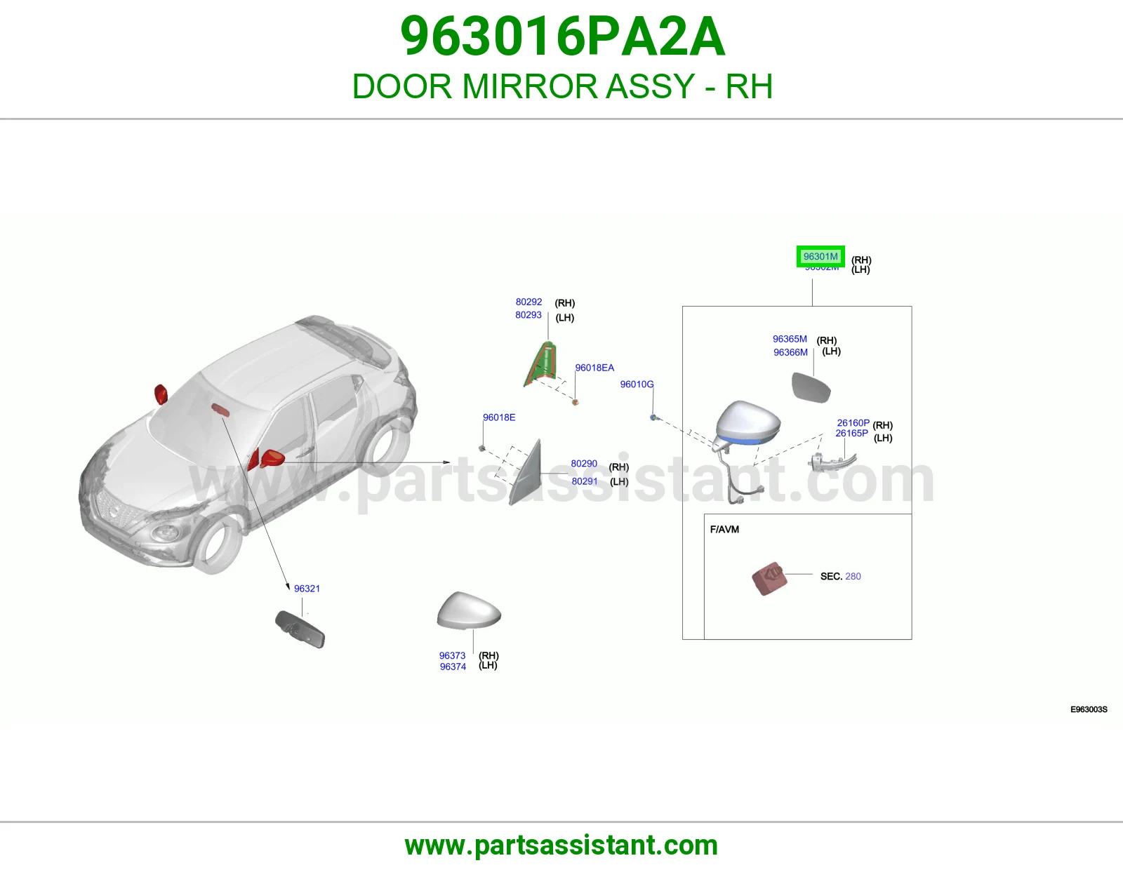 مرايه جانبيه امامي يمين 963016PA2A