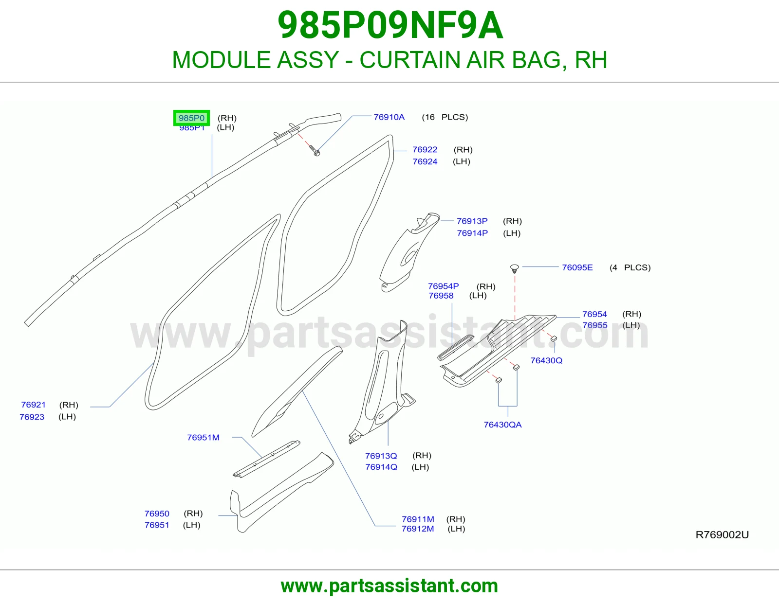 MODULE ASSY - CURTAIN AIR BAG, RH 985P09NF9A