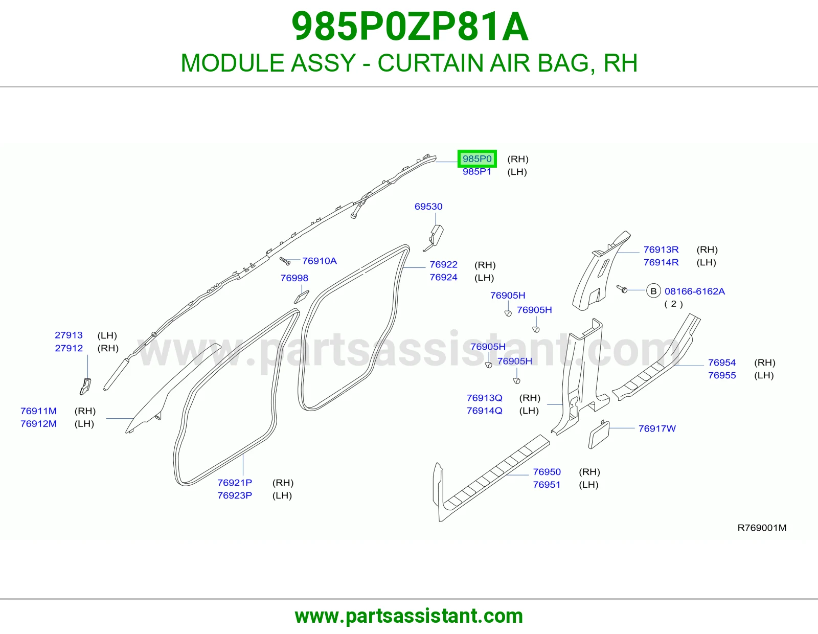 MODULE ASSY - CURTAIN AIR BAG, RH 985P0ZP81A