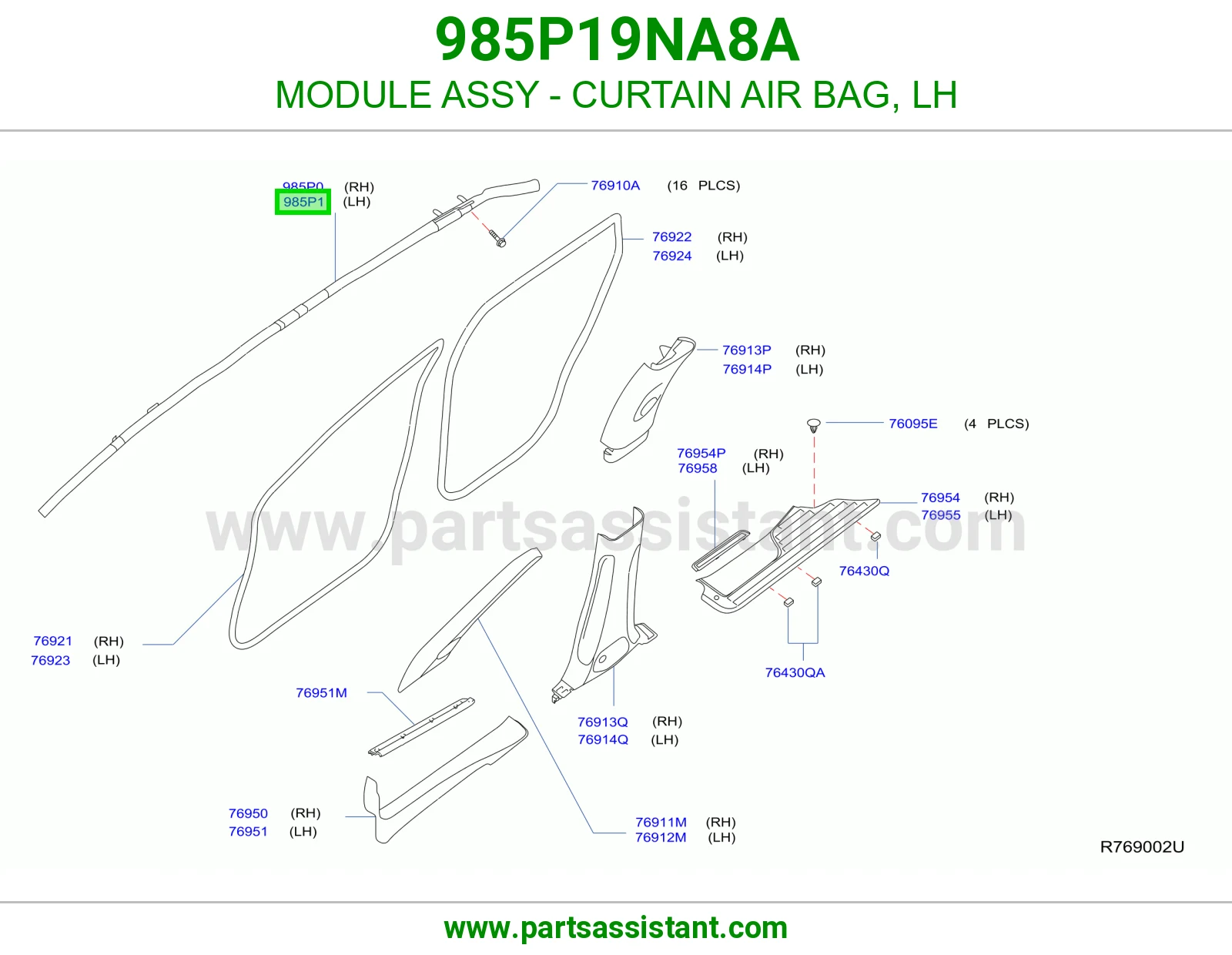 MODULE ASSY - CURTAIN AIR BAG, LH 985P19NA8A
