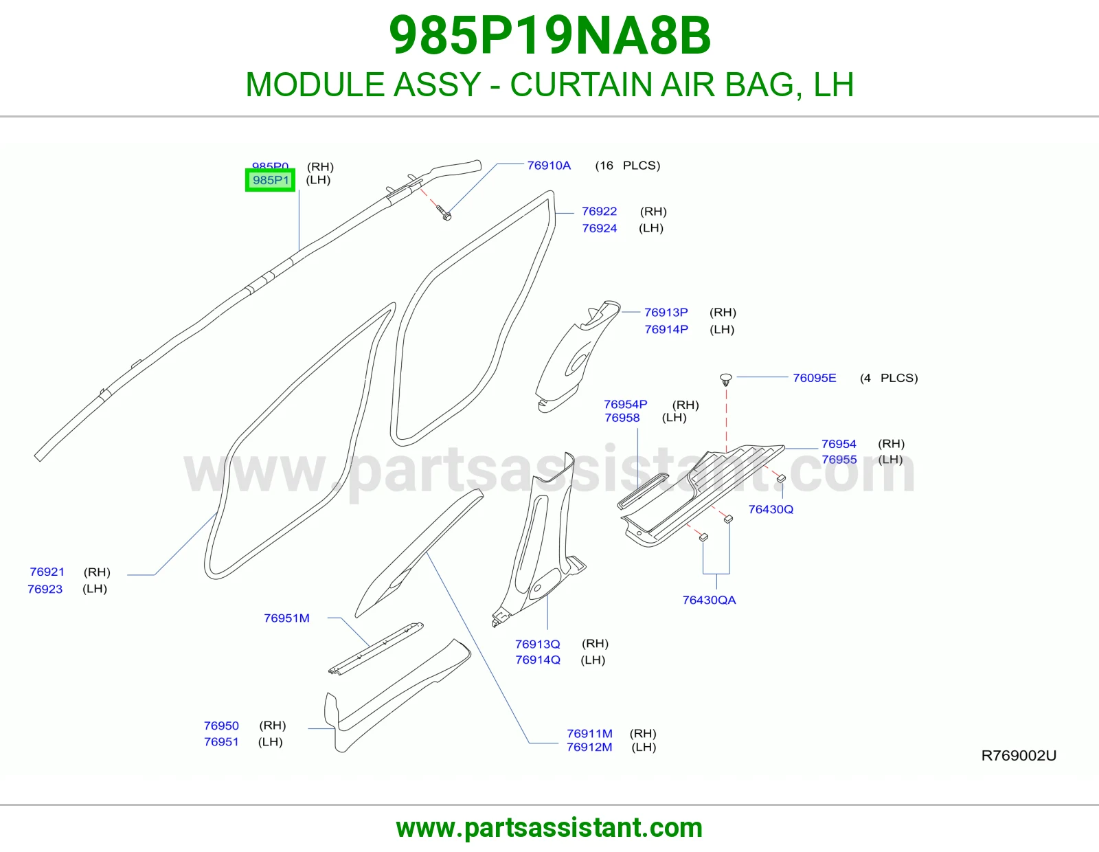 MODULE ASSY - CURTAIN AIR BAG, LH 985P19NA8B