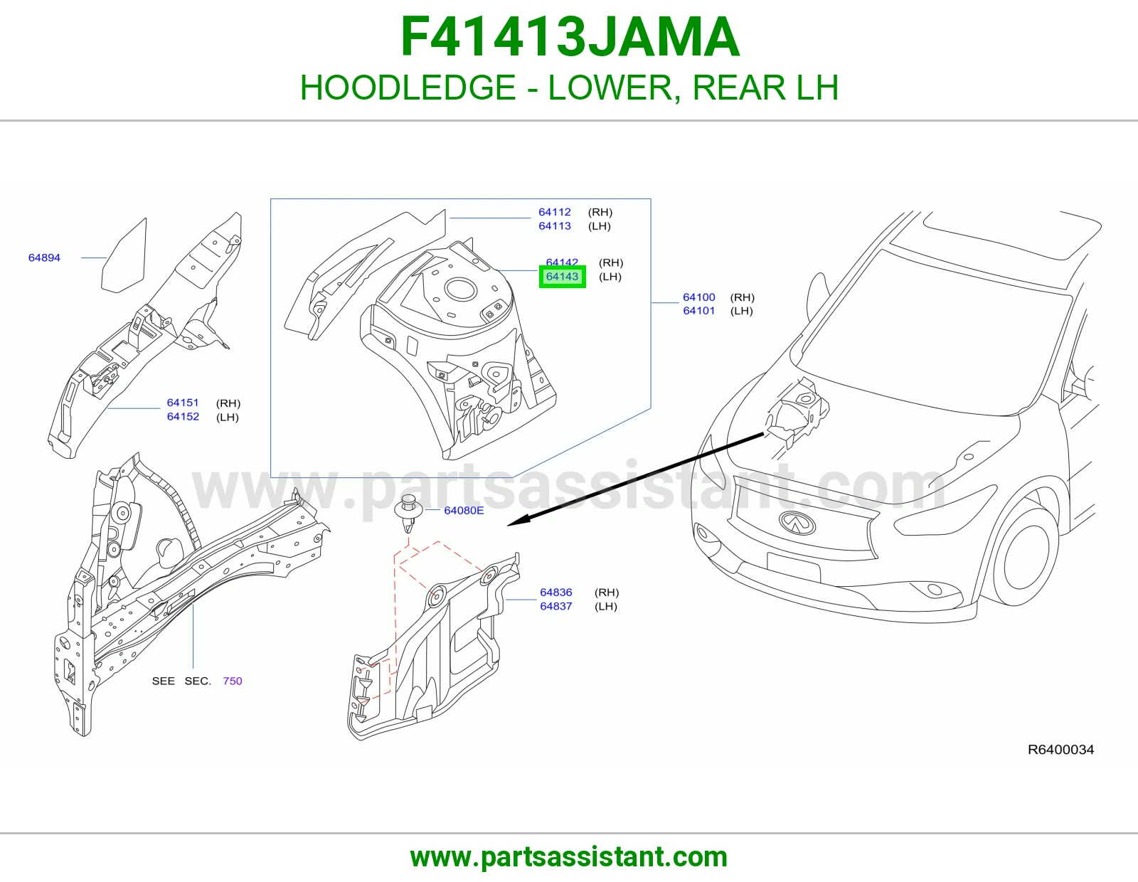 حافة حوض كبوت تحت خلفي يسار F41413JAMA
