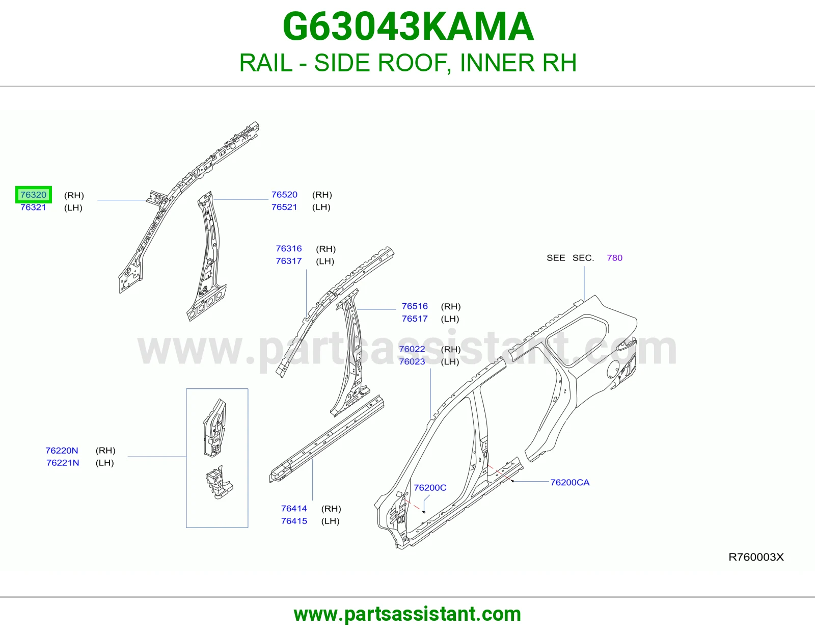 سكة جانب سقف داخلي يمين G63043KAMA