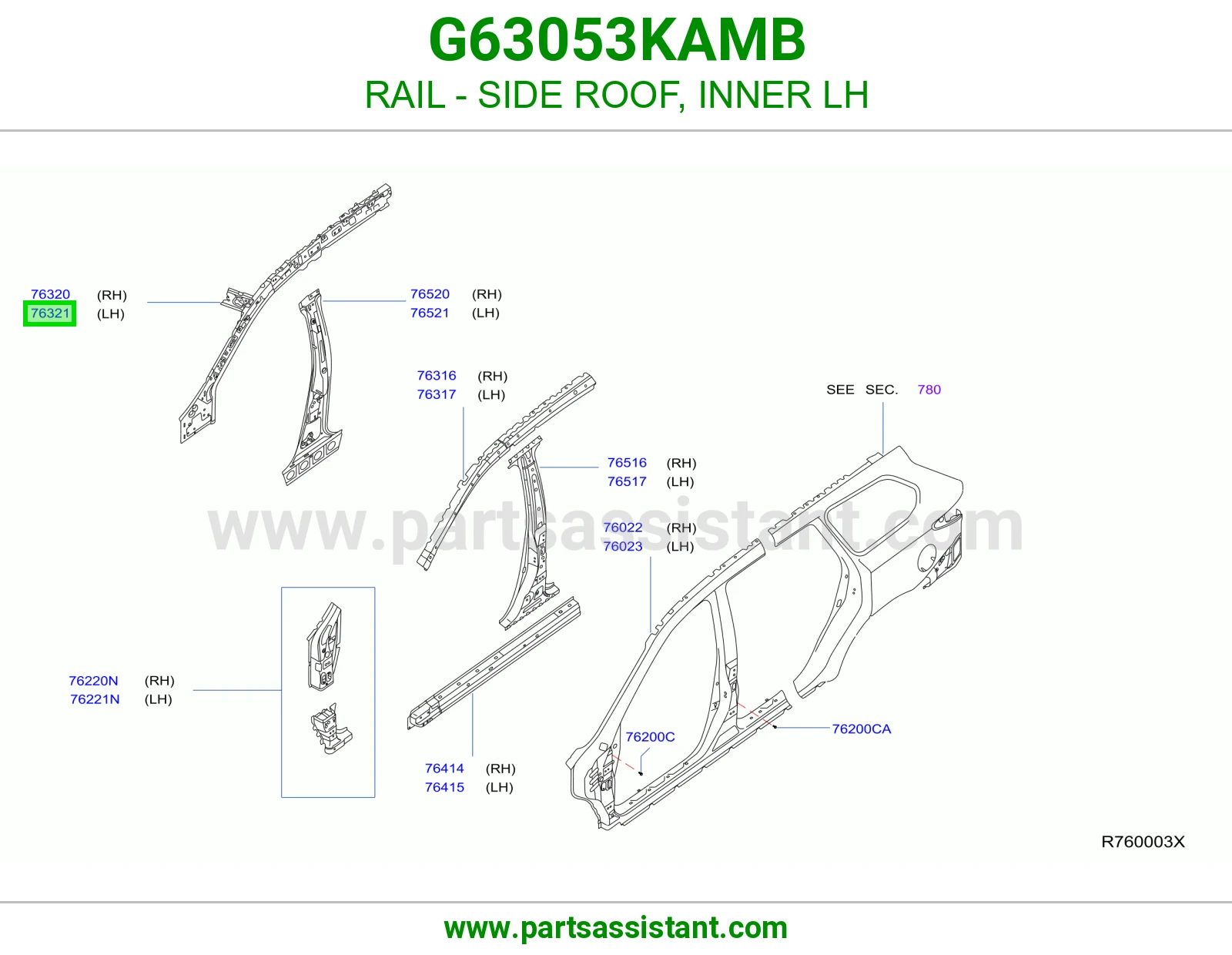 سكة جانب سقف داخلي يسار G63053KAMB