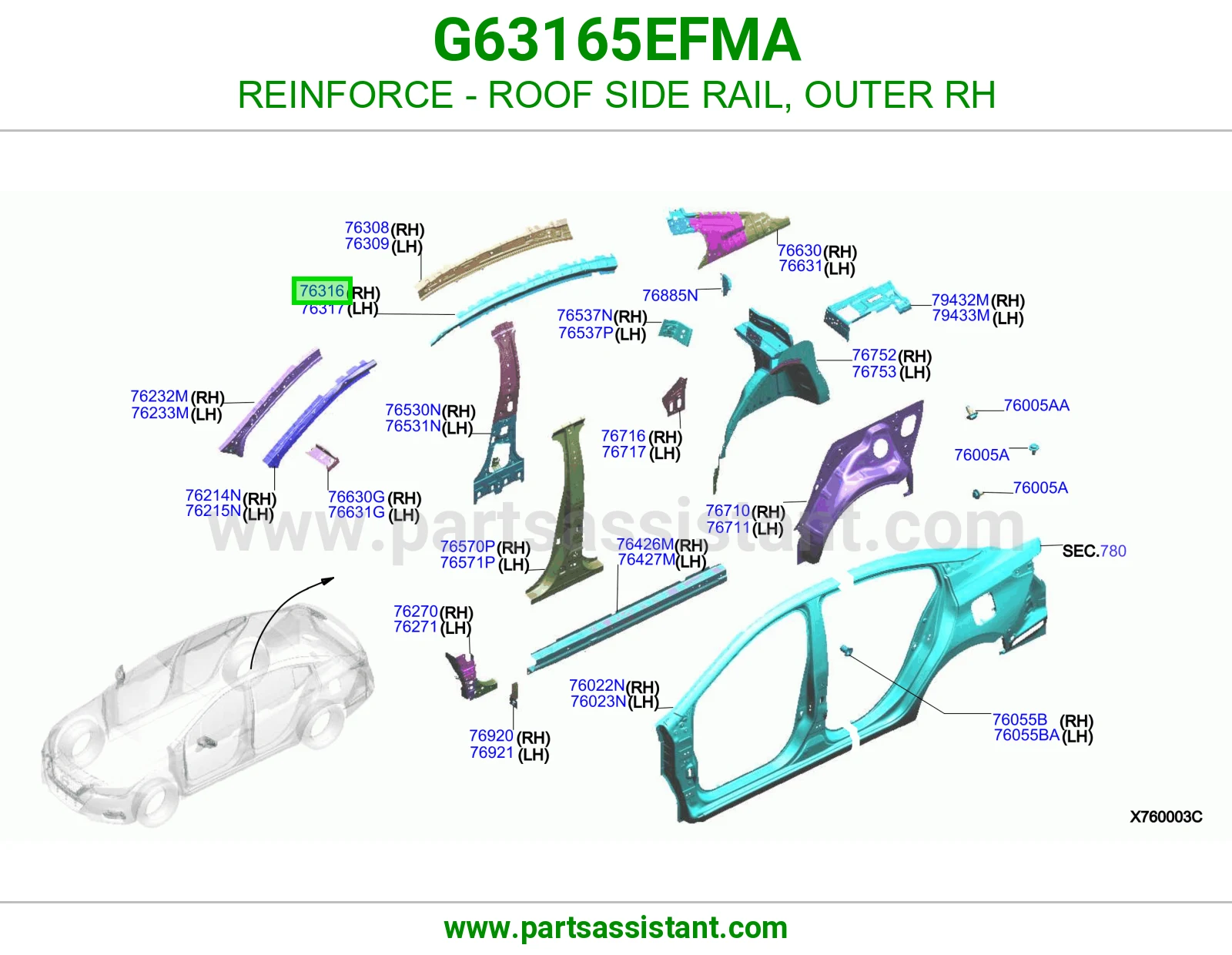 تقوية سمكة سقف جانبية خارجي يمين G63165EFMA