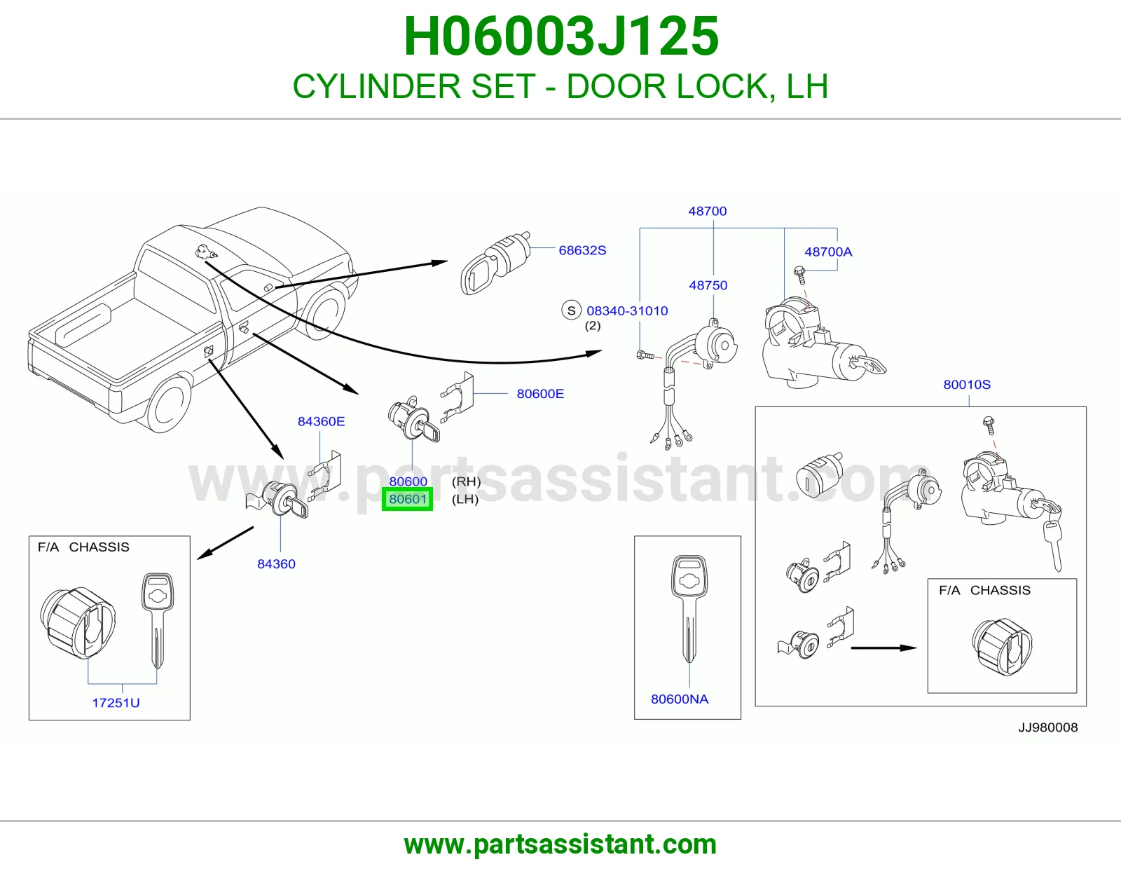 CYLINDER SET - DOOR LOCK, RH H06003J125