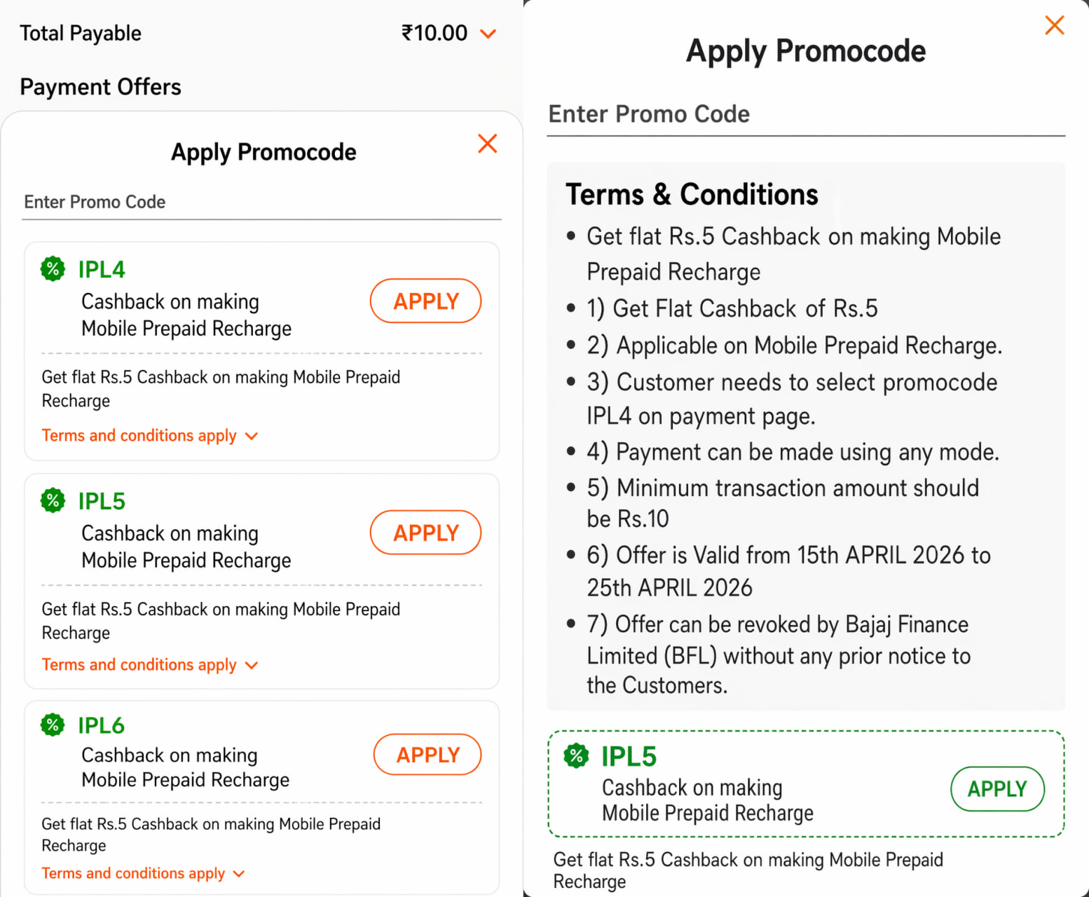 
Bajaj Finserv ₹5 Cashback Offer on Mobile Recharge
