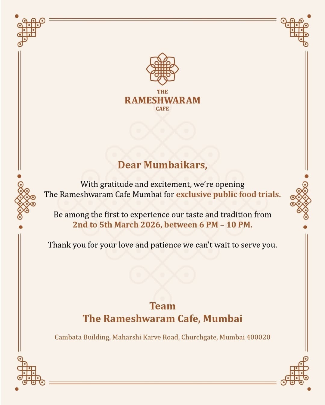 Rameshwaram Cafe Mumbai Grand Opening 2026 Public Food Trial Event