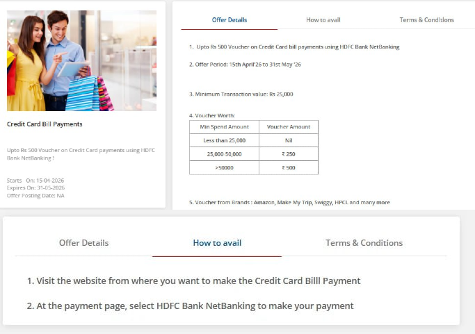 HDFC Credit Card Bill Payment NetBanking Offer 2026 reward details ₹250 ₹500 vouchers