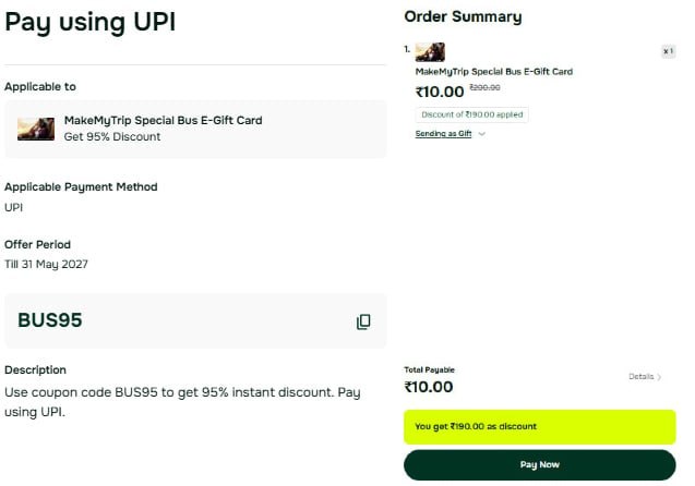 MakeMyTrip Bus E-Gift Card Offer 2026