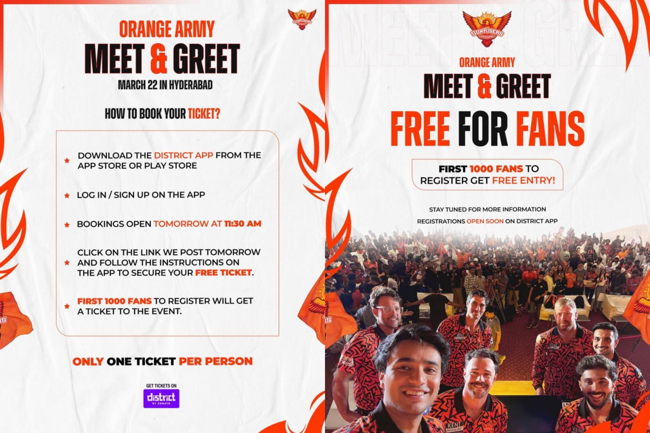 Sunrisers Hyderabad Meet and Greet Free Ticket fan event Hyderabad