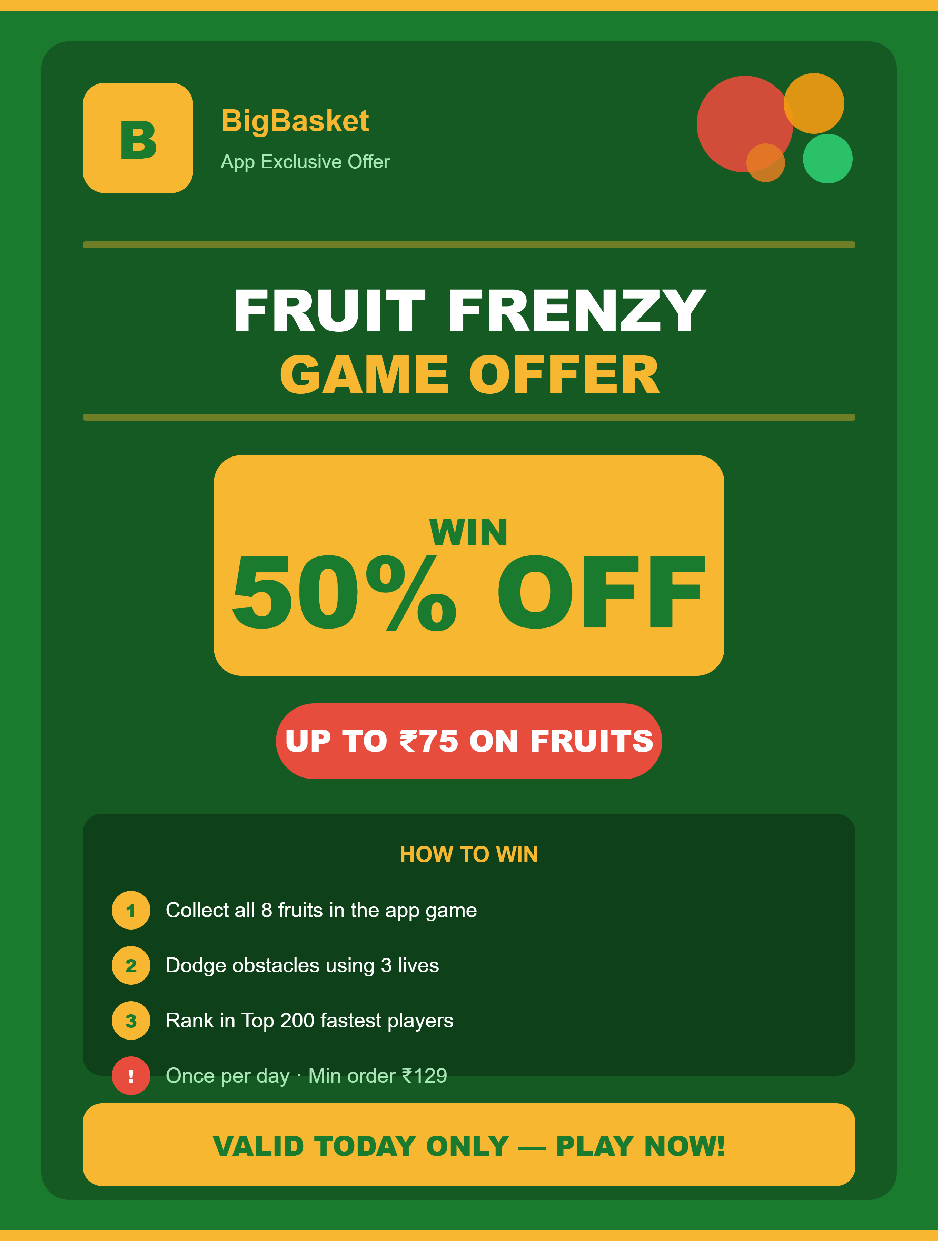 BigBasket Fruit Frenzy Game – Win 50% Off Up to ₹75 on Fruits Today