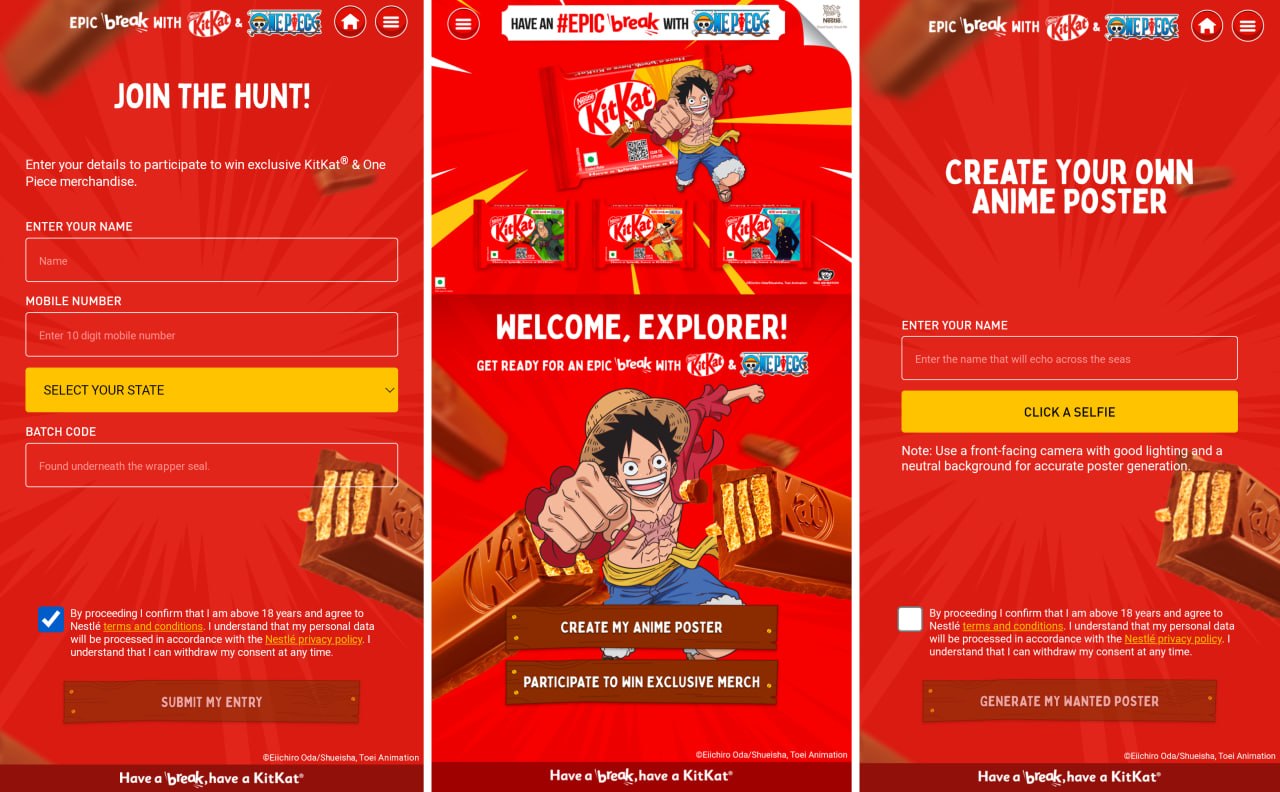KitKat One Piece Offer 2026 entry page with batch code participation and prize details