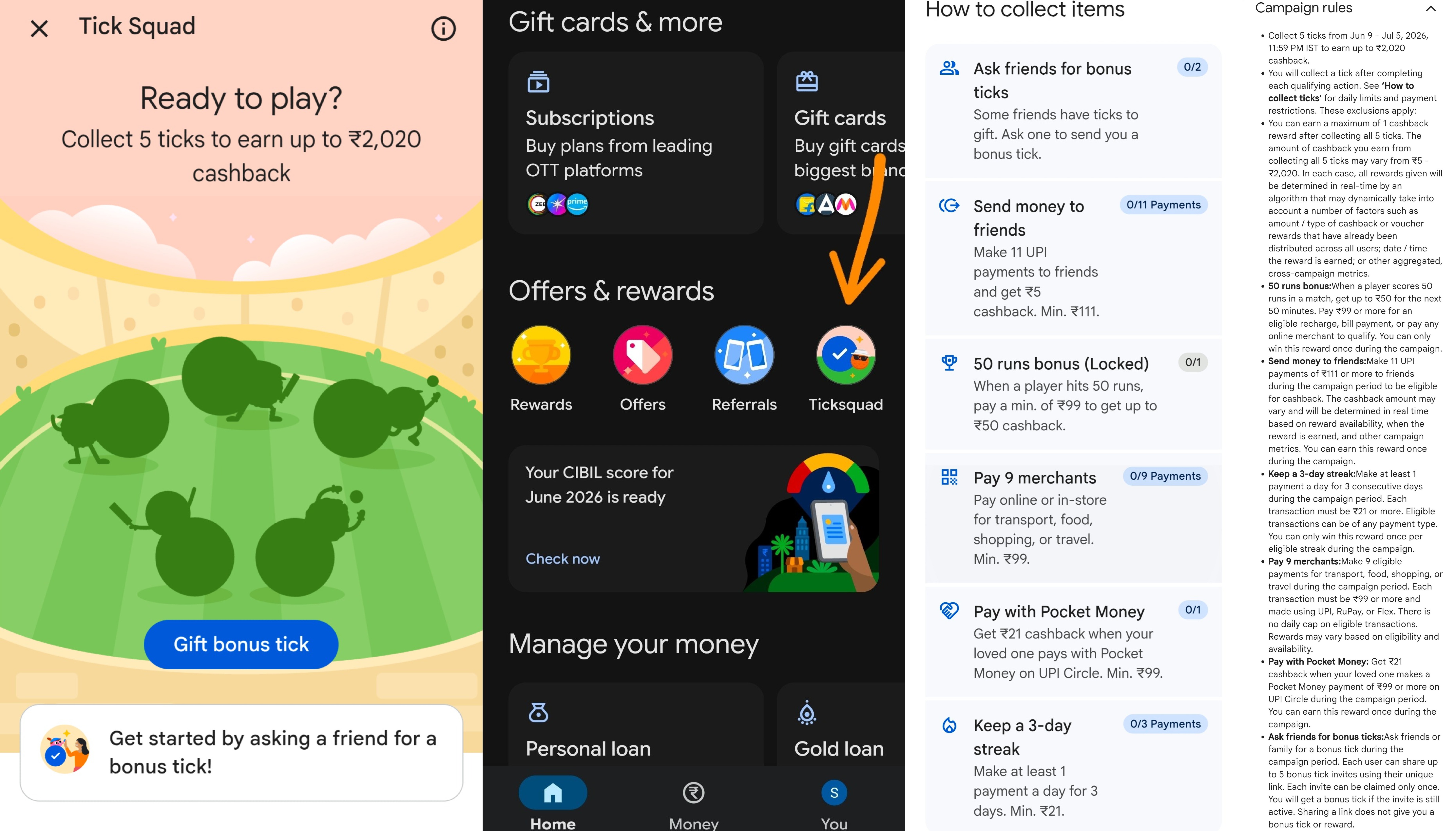Google Pay Blue Tick cashback campaign showing tasks to collect Blue Ticks and unlock rewards up to ₹2,020.
