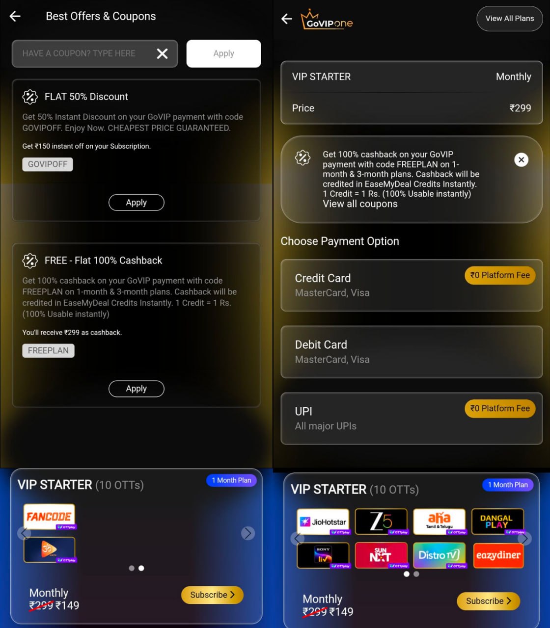 GoVIP OTT Offer 2026 FREEPLAN code offer with instant cashback on OTT plans