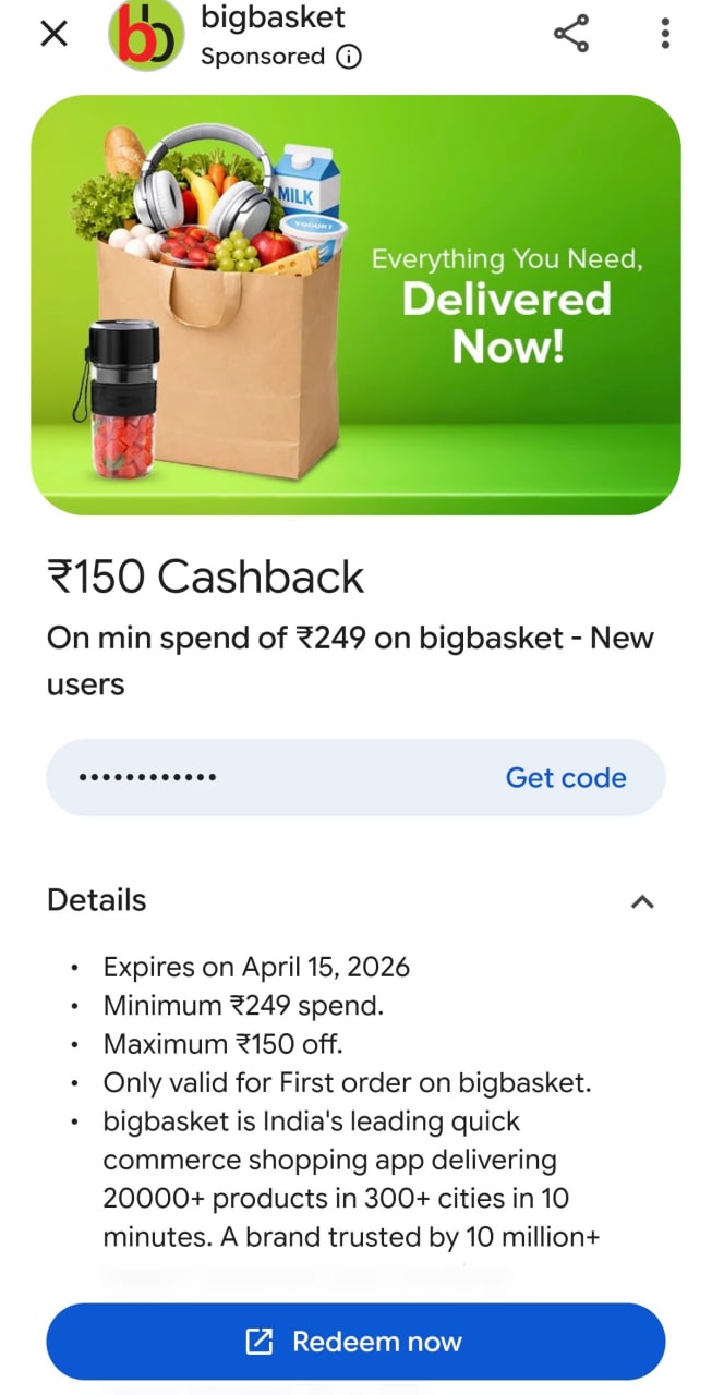 BigBasket New User Deal ₹150 off on ₹249 order grocery offer banner