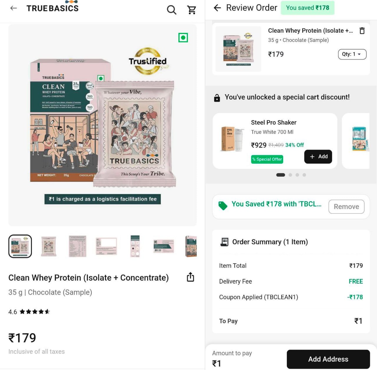 TrueBasics whey protein ₹1 offer checkout screenshot
