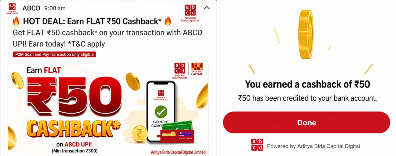ABCD ₹50 Cashback Offer on UPI Merchant Payment