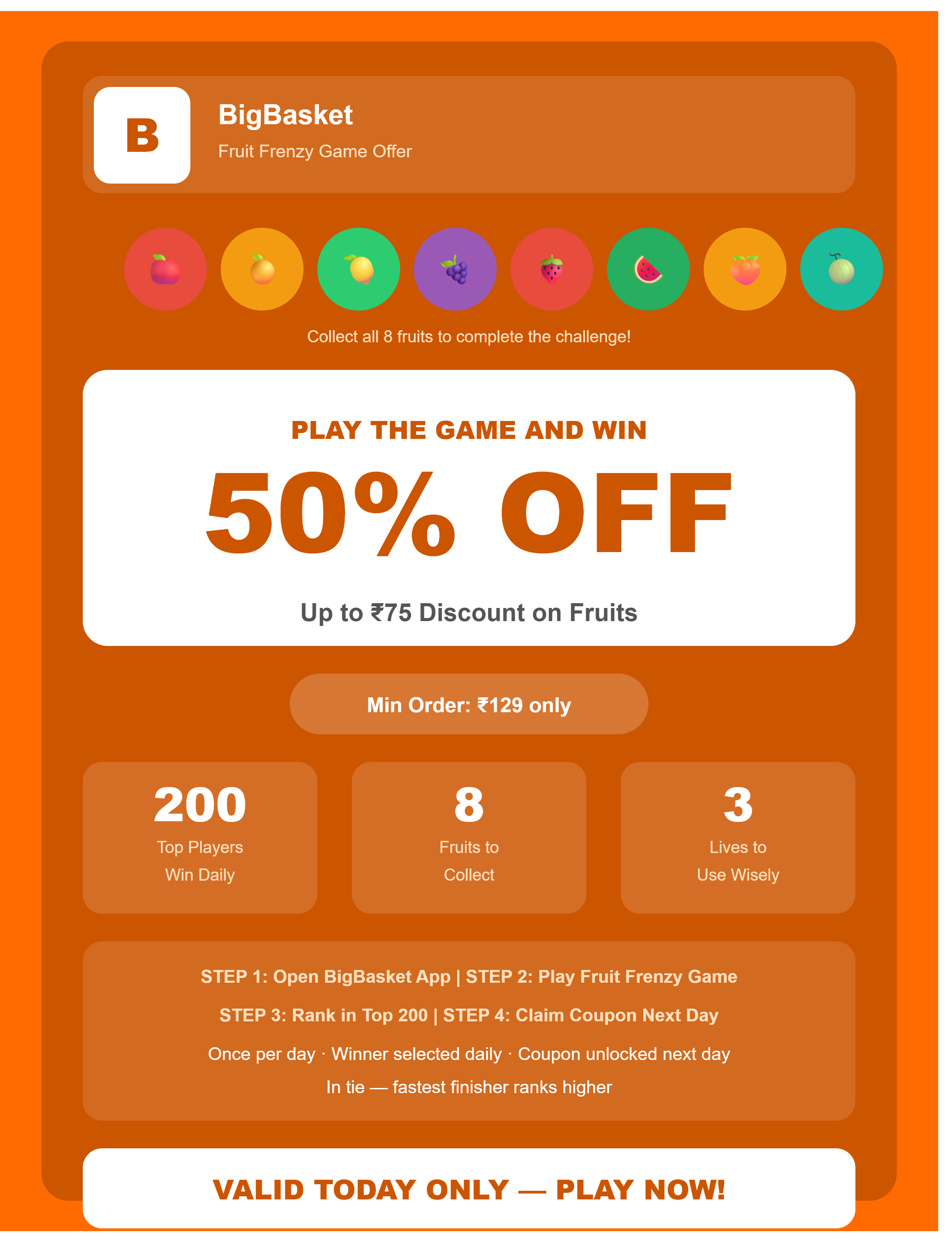 BigBasket Fruit Frenzy Game – Play Daily in BigBasket App and Get 50% Discount on Fruit Orders
