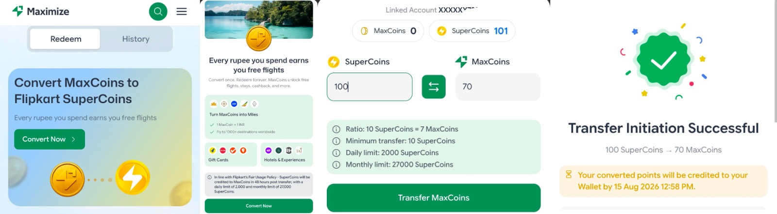 Flipkart SuperCoins to MaxCoins conversion at 10:7 ratio