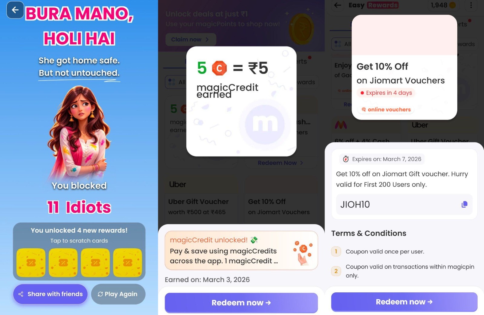 Magicpin Her Holi Game Contest scratch cards and Magic Credits rewards