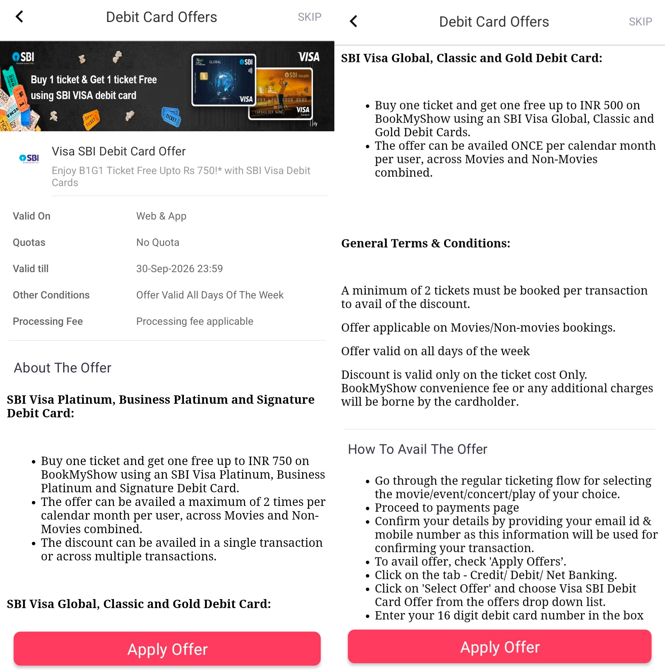 BookMyShow SBI Visa Debit Card Offer 2026 – Buy 1 Get 1 Free Movie Tickets