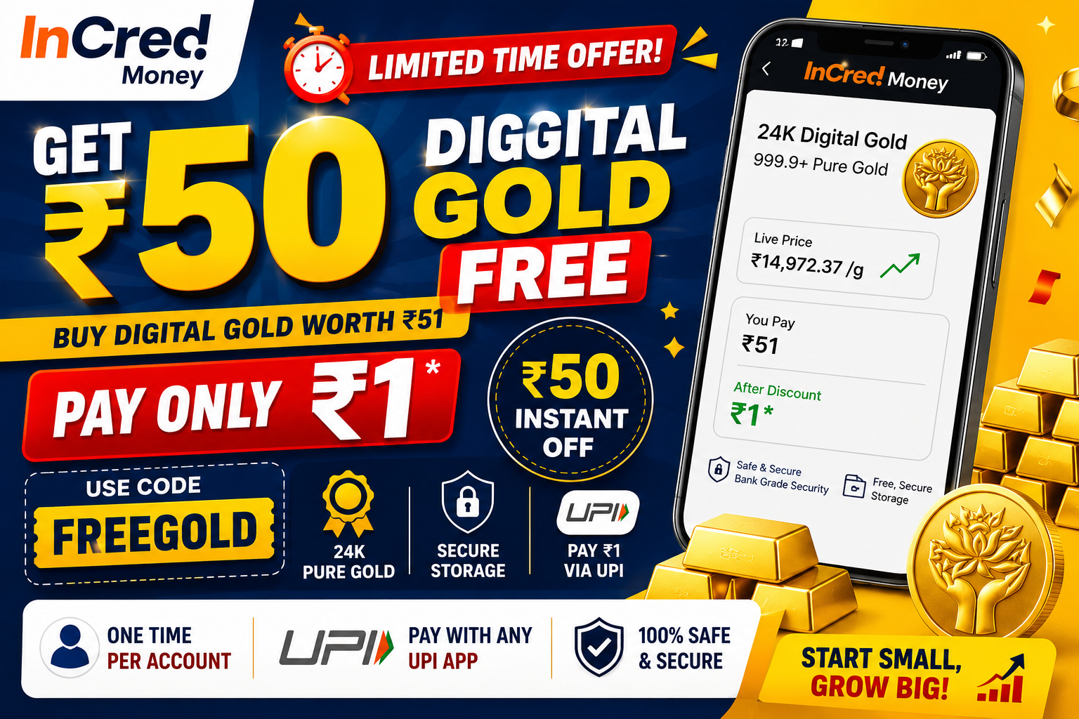 InCred Money digital gold offer showing ₹50 instant discount on 24K gold purchase using FREEGOLD code.
