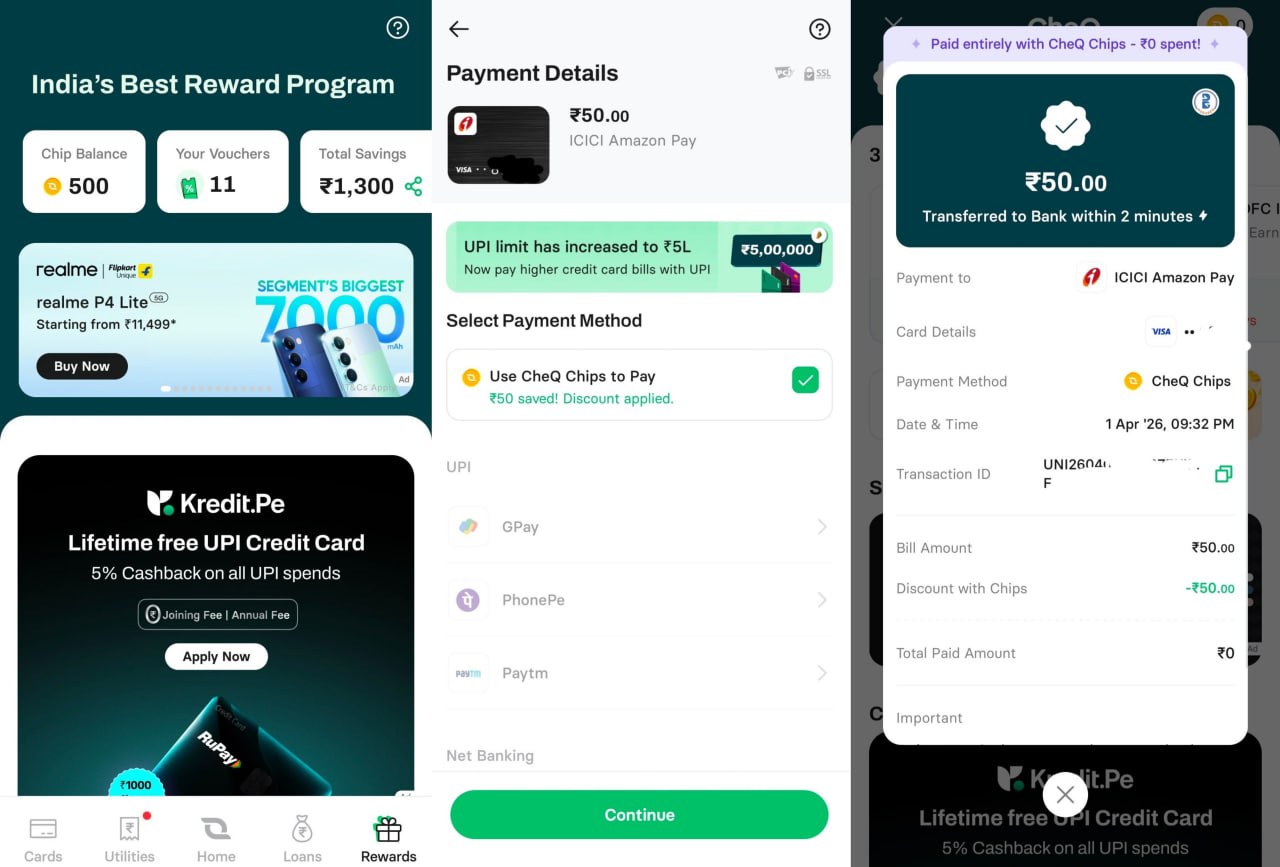 CheQ ₹50 Free Offer 2026 using 500 CheQ Chips on credit card bill payment