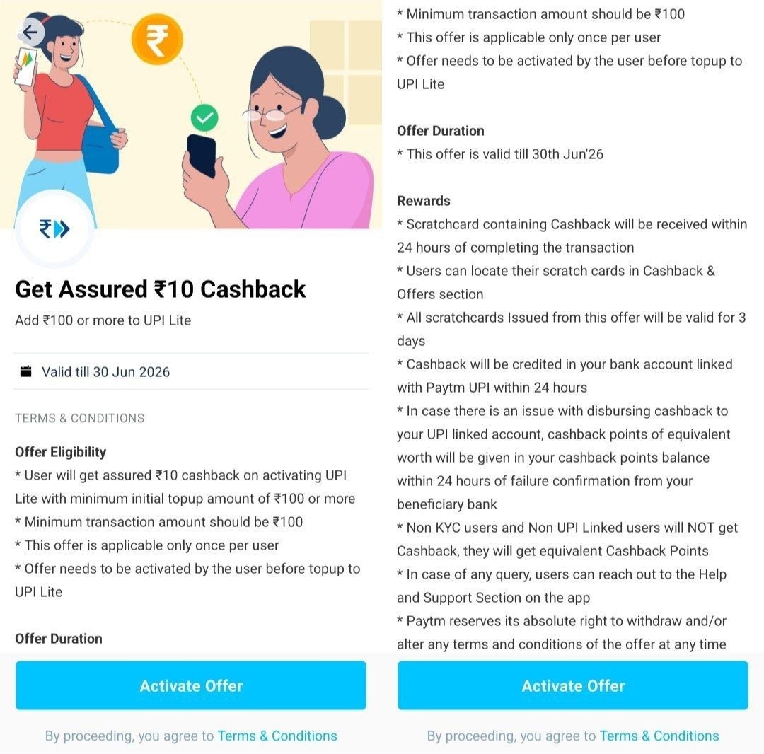 Paytm UPI Lite ₹10 Cashback Offer 2026