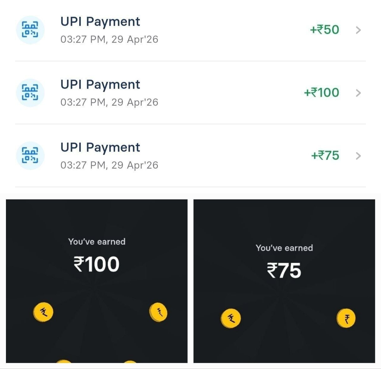 INDMoney UPI Offer 2026 ₹225 cashback proof ₹50 ₹75 ₹100 rewards