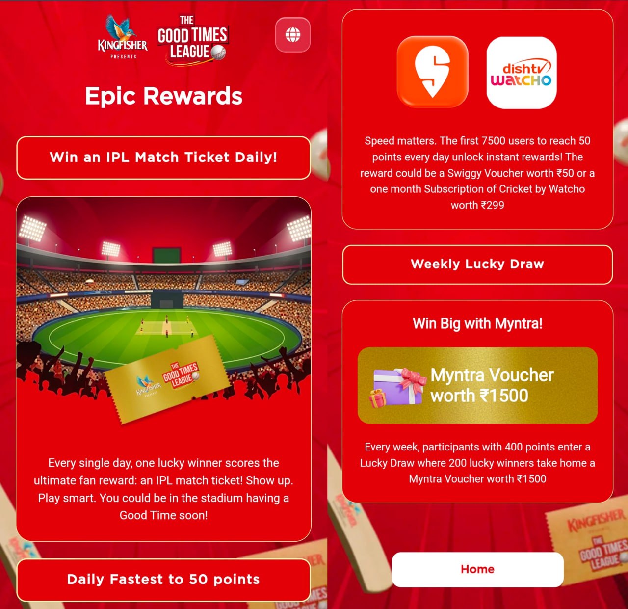 Kingfisher Good Times League Contest 2026 - Win IPL Tickets, ₹1500 Myntra Voucher
