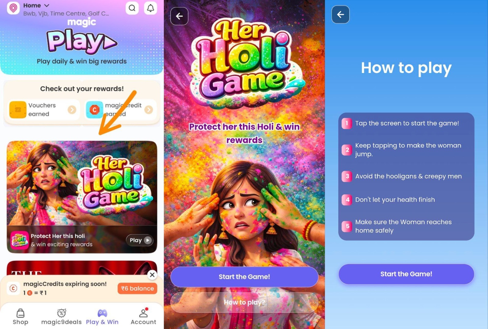 Magicpin Her Holi Game Contest 2026 play and win Magic Credits screen