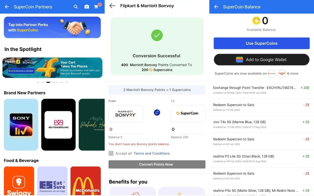 flipkart bonvoy free supercoins trick conversion example