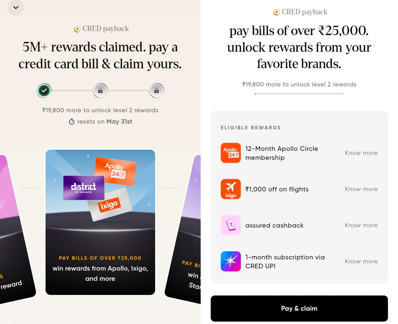 CRED Payback Rewards pay credit card bill and unlock rewards from Blinkit Starbucks Tata CLiQ Apollo Ixigo