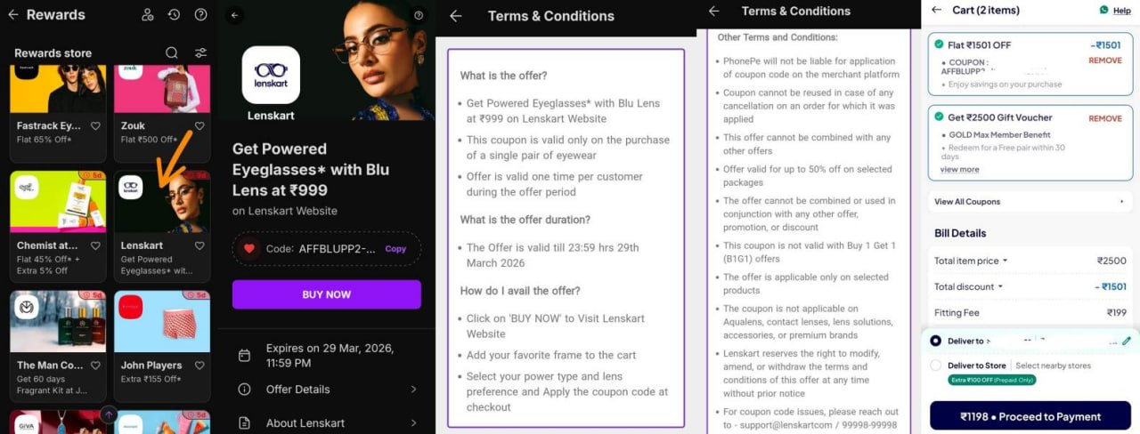 PhonePe Lenskart Offer 2026 - ₹999 eyeglasses screenshot