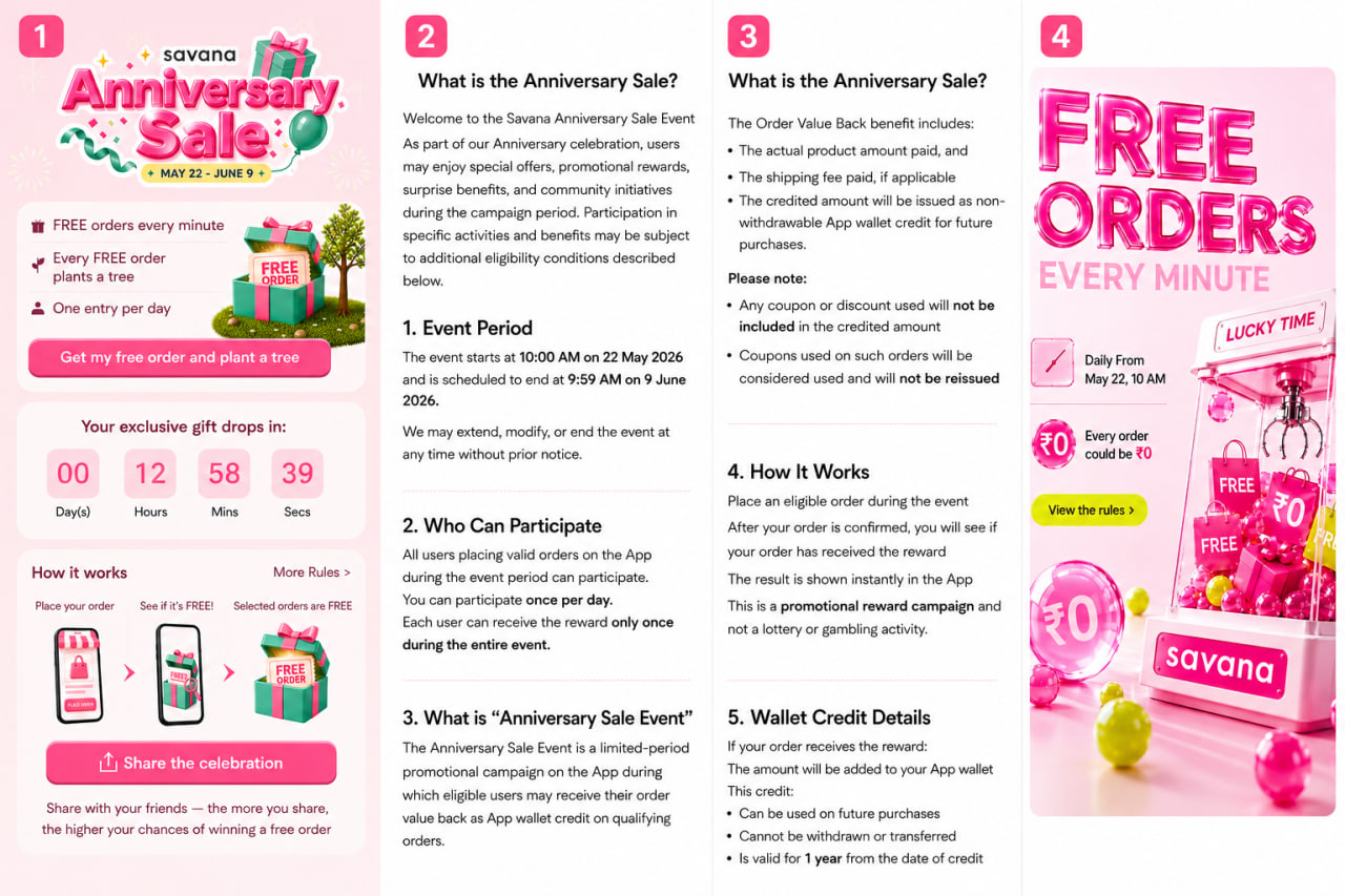 Savana Anniversary Sale Free Order Offer with 100% order value back