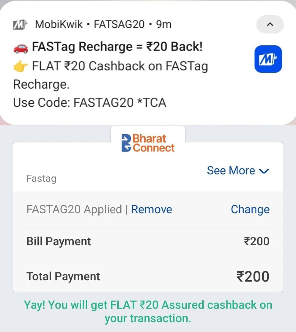 MobiKwik FASTag ₹20 Cashback Offer 2026