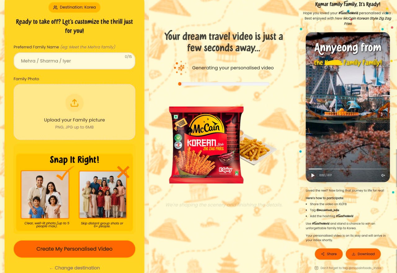 McCain Taste The World contest AI travel video generator page