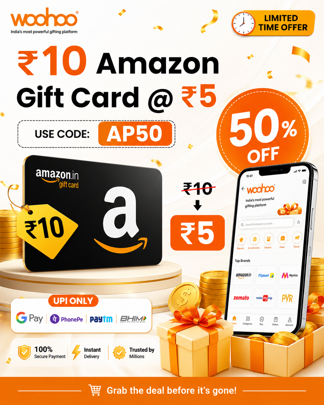 Woohoo Amazon Gift Card Offer giving ₹10 Amazon Gift Card for ₹5 using coupon code AP50.