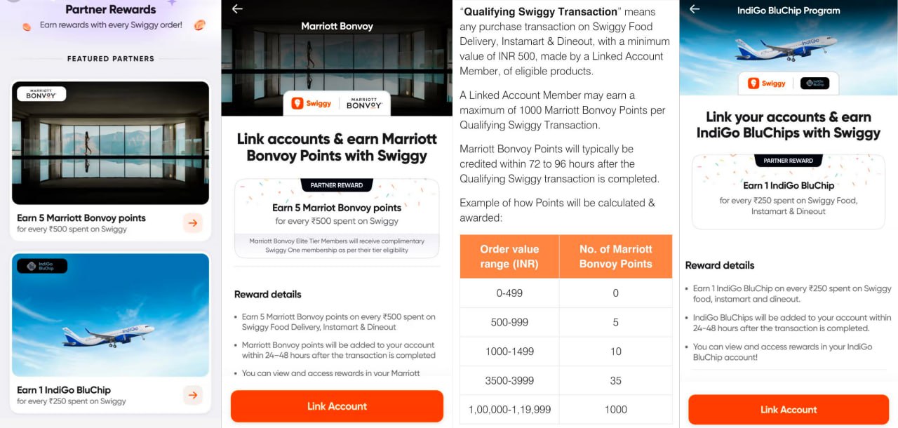Swiggy Partner Rewards earn Marriott Bonvoy points and IndiGo BluChips