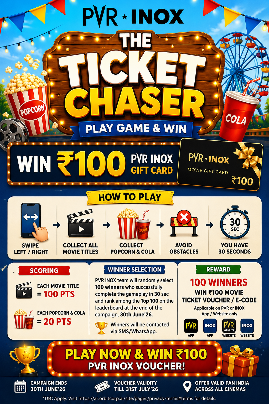 PVR INOX Ticket Chaser Game poster showing 30-second play game and chance to win ₹100 gift card.
