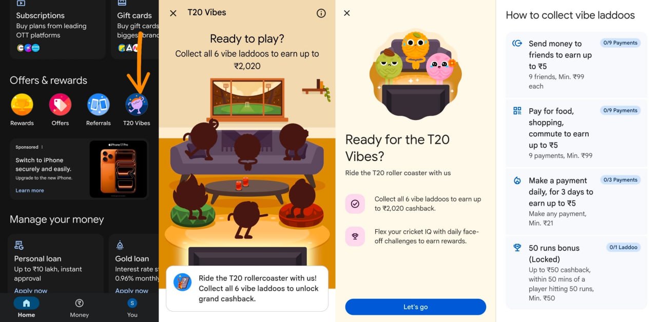 GPay T20 Vibes Offer 2026 laddoo tasks screen