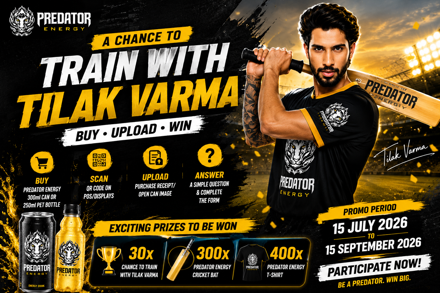 Predator Energy Contest 2026 – Win a Chance to Train with Tilak Varma