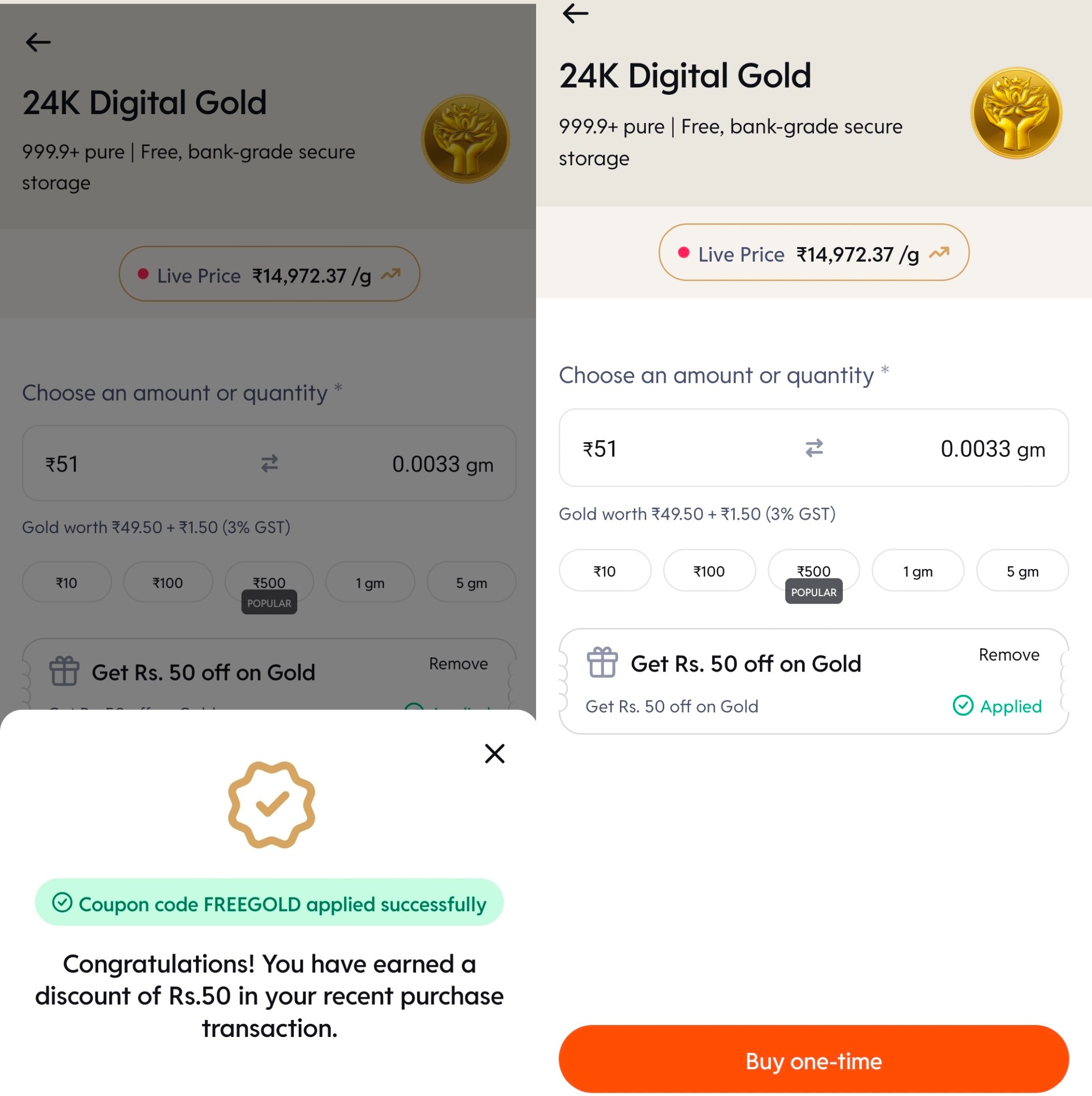 InCred ₹50 Gold Free Offer with FREEGOLD coupon code to buy ₹51 digital gold and pay only ₹1 via UPI.