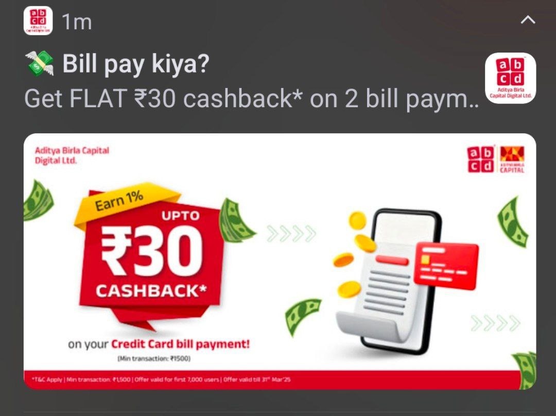ABCD App bill payment cashback offer earn ₹30 credit card payment reward