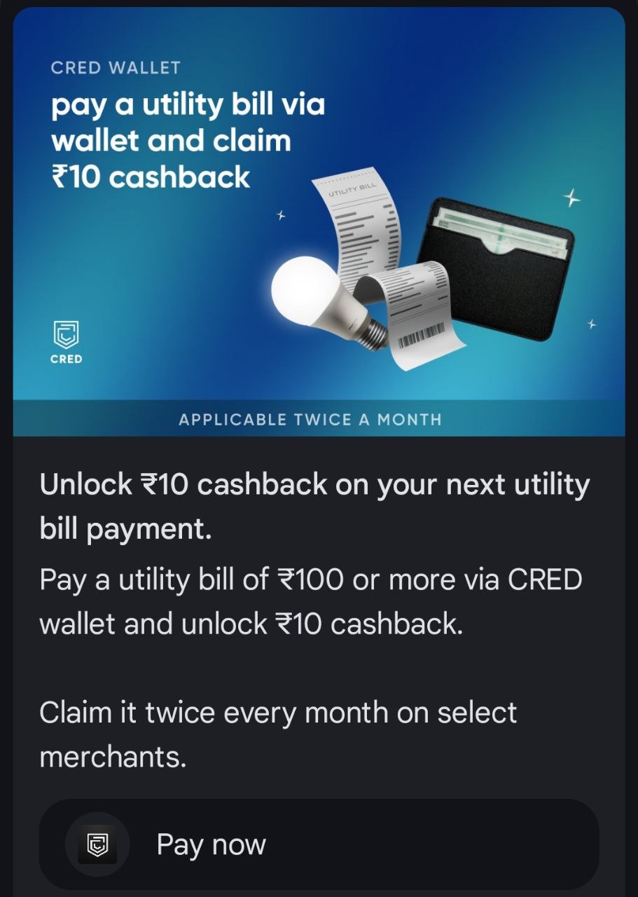 CRED Wallet Cashback Offer - Get ₹10 Cashback on Utility Bill Payment