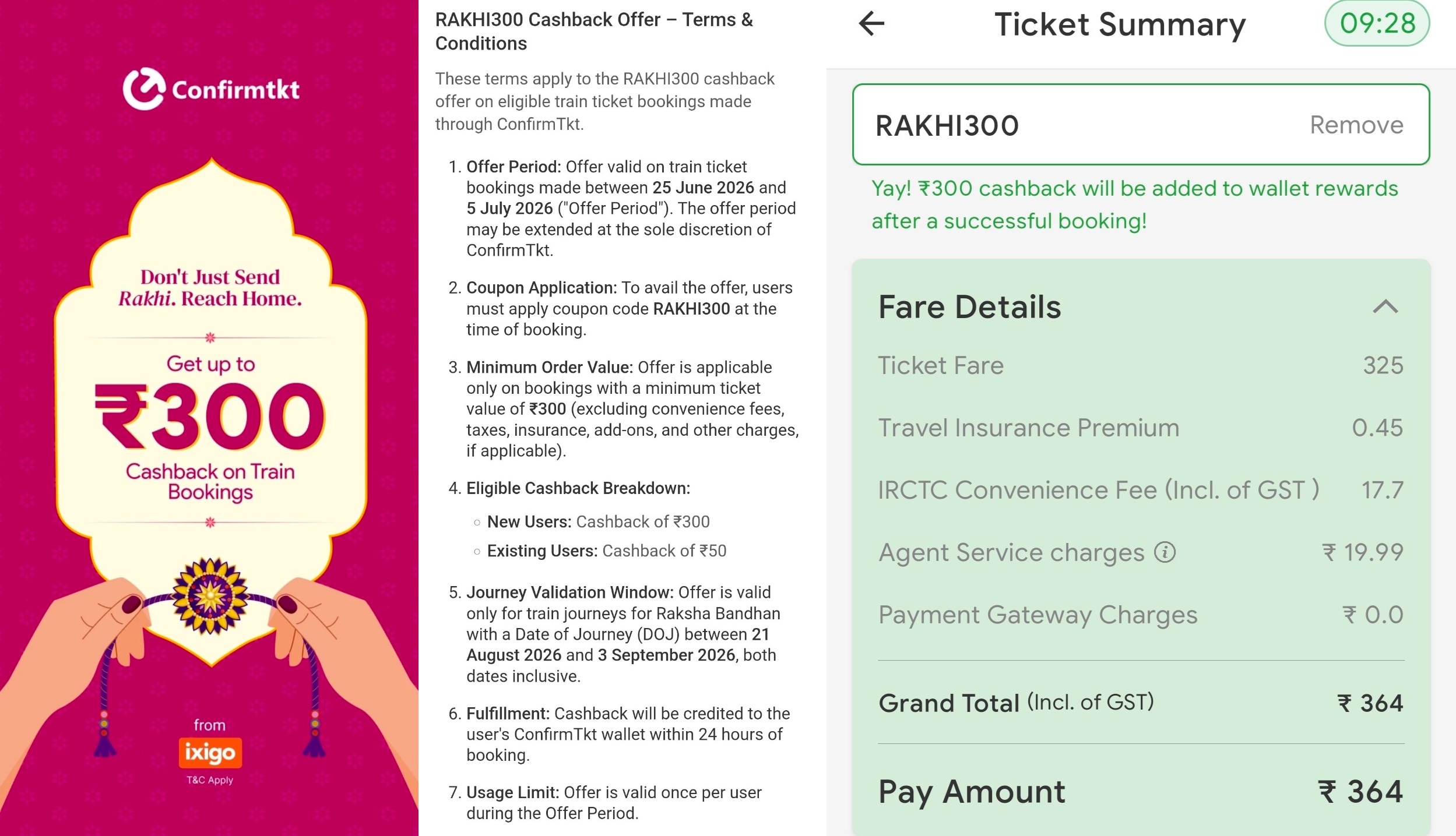 ConfirmTkt Flat ₹300 Cashback Offer Train Ticket Booking RAKHI300 Coupon