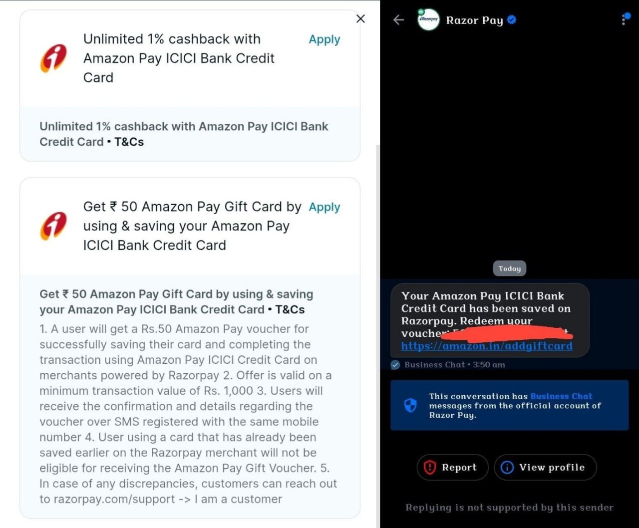 Amazon Pay ICICI Credit Card ₹50 Gift Card Offer