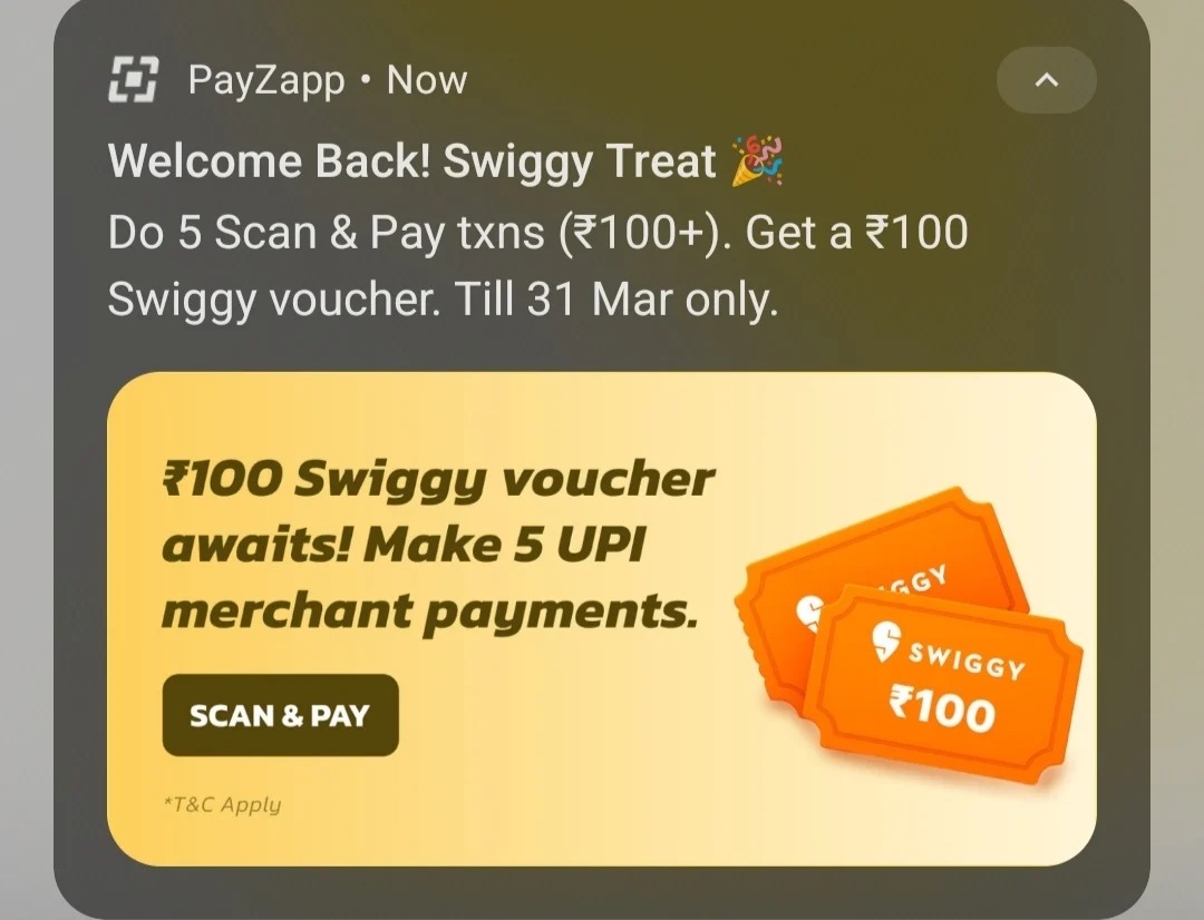 PayZapp ₹100 Swiggy voucher offer complete 5 UPI merchant payments
